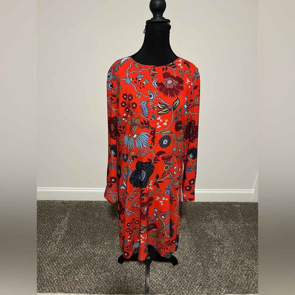 LOFT Red Floral Long Sleeve Dress